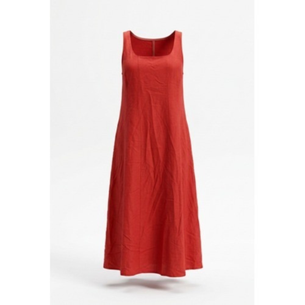 LÉA Dress Womens 2X Red Linen Blend Square Neck Midi Sundress Pockets Casual